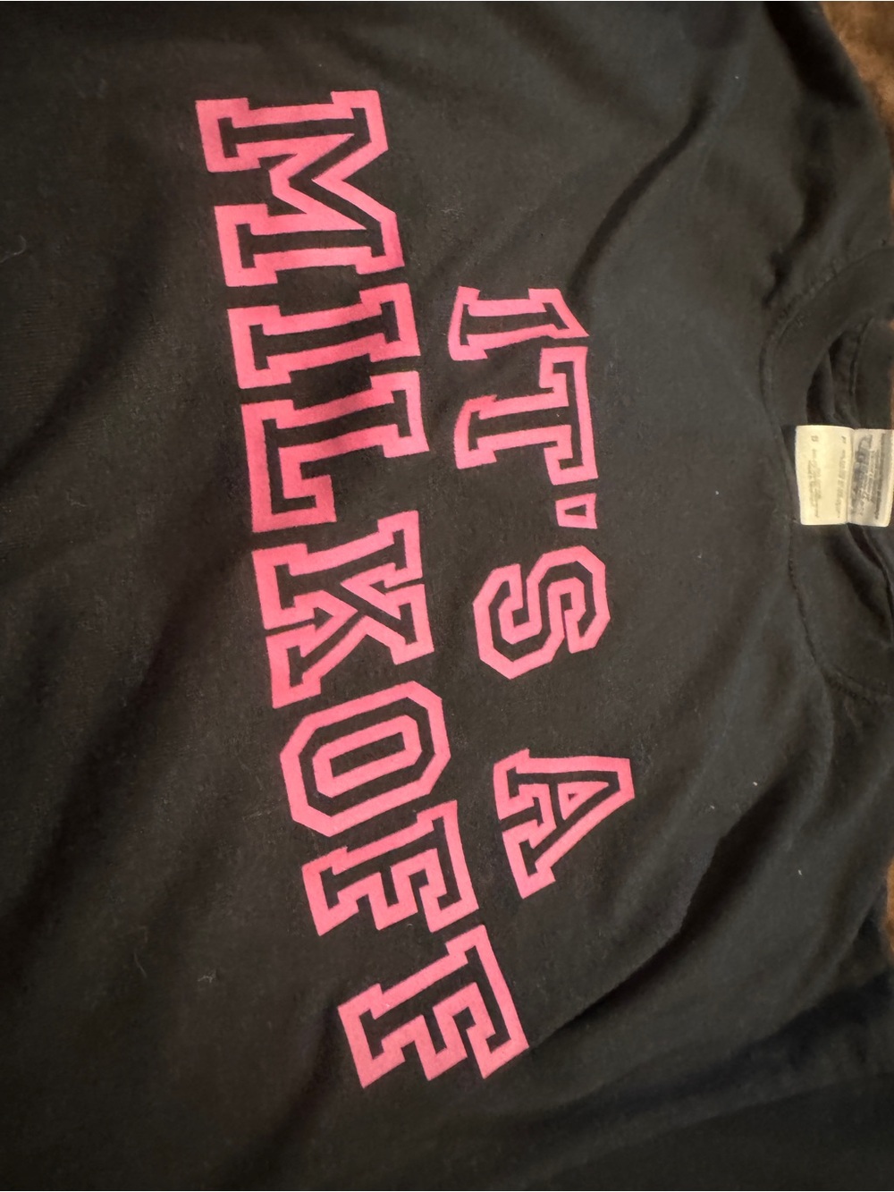 Gildan Black Short Sleeve Tee with Pink "IT'S A MILKOFF!" Graphic - Picture 4 of 4